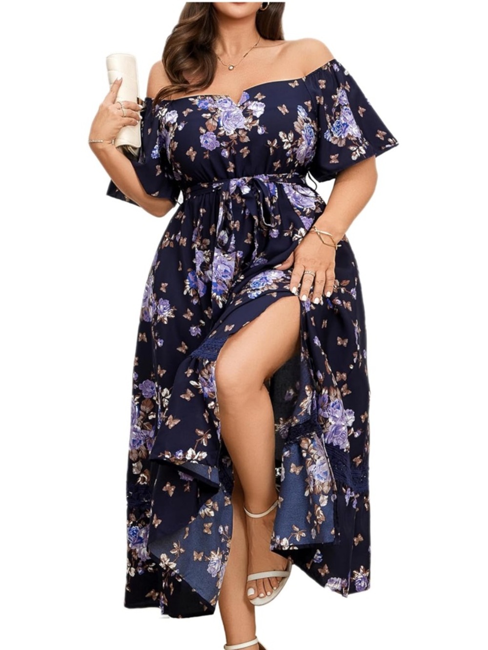 RWJ Navy Floral Off Shoulder Maxi Dress Side Slit Large Plus 14